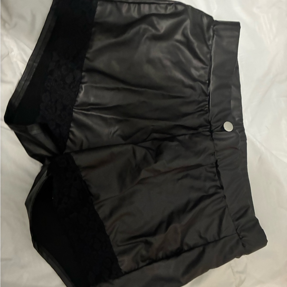 Black Faux Leather Shorts with Lace Trim